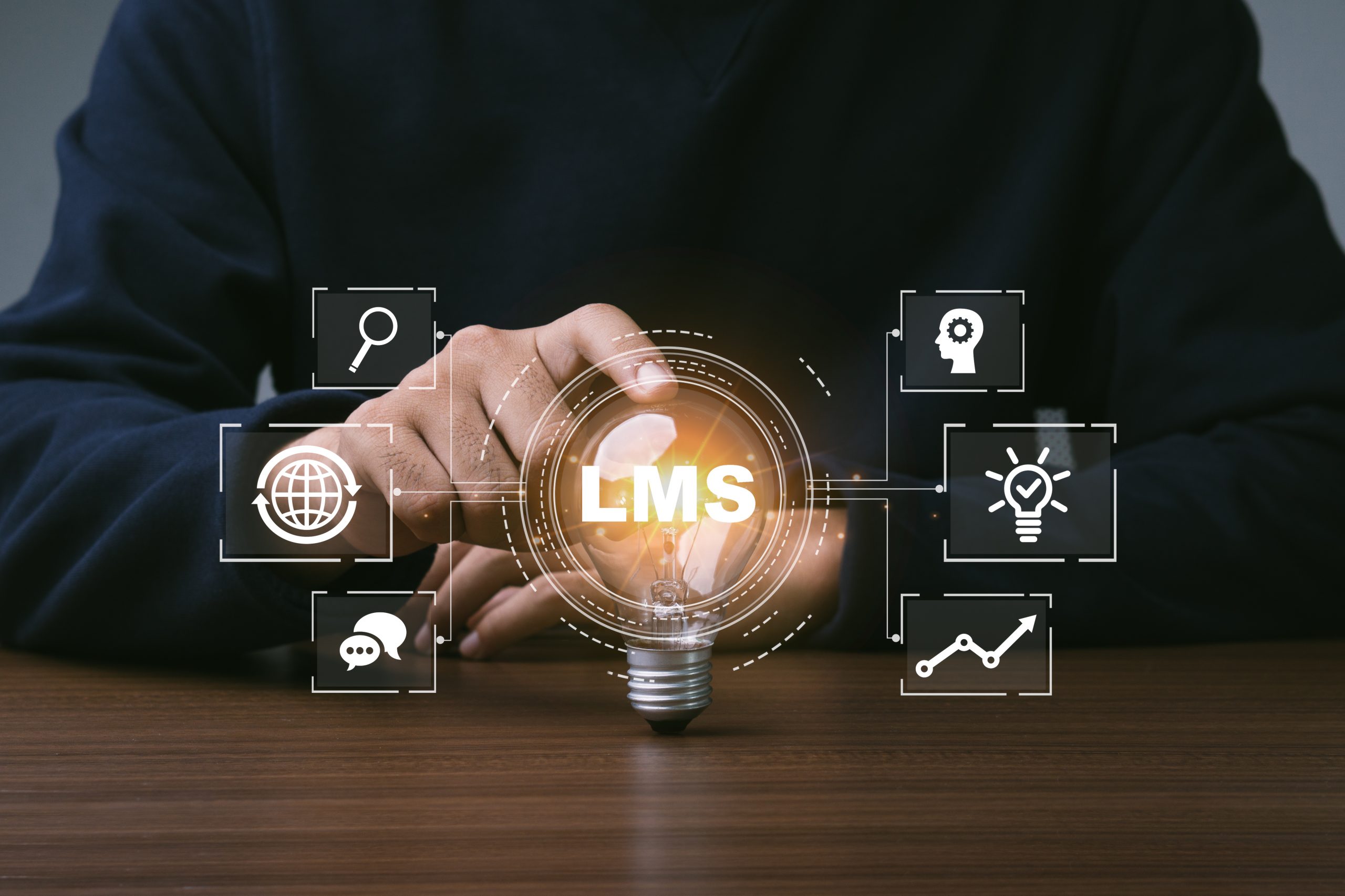 LMS - Learning Management System for lesson and online education, course, application, study, e learning, knowledge everywhere and every time.LMS icon. Immagine che riporta icone legate a Learning Management System